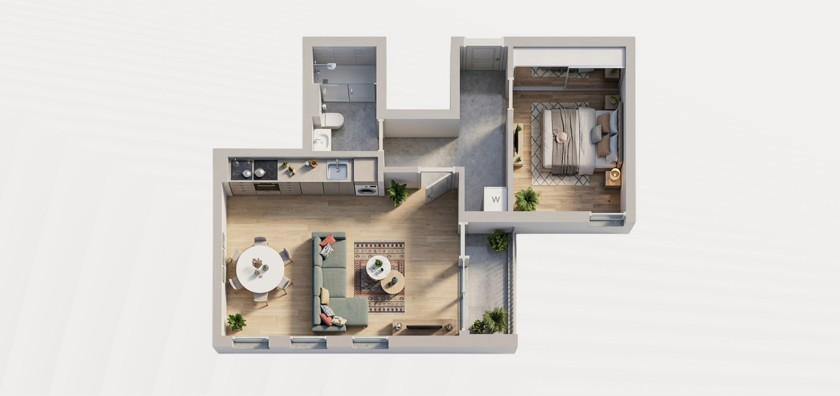 Interior visualization — S15, first floor, one-bedroom apartment
